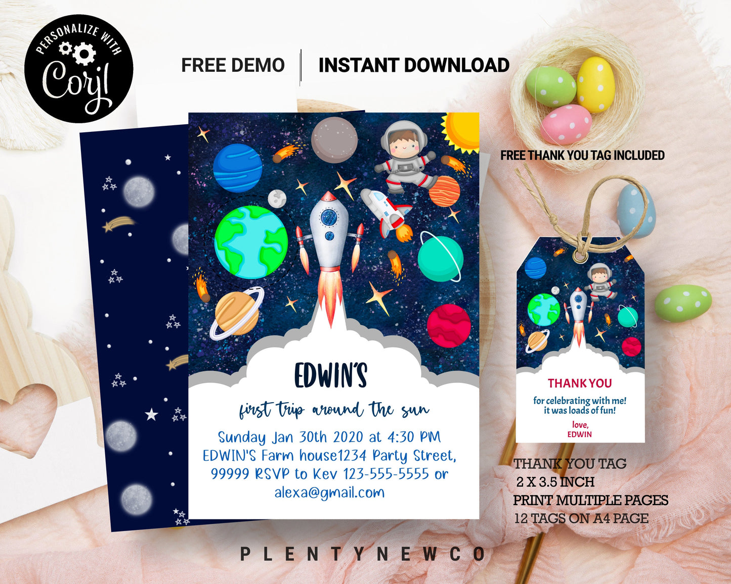 EDITABLE First Trip Around the Sun Outer Space First Birthday Invitation Galaxy Blast Off Printable Templates Digital Download Corjl, SP