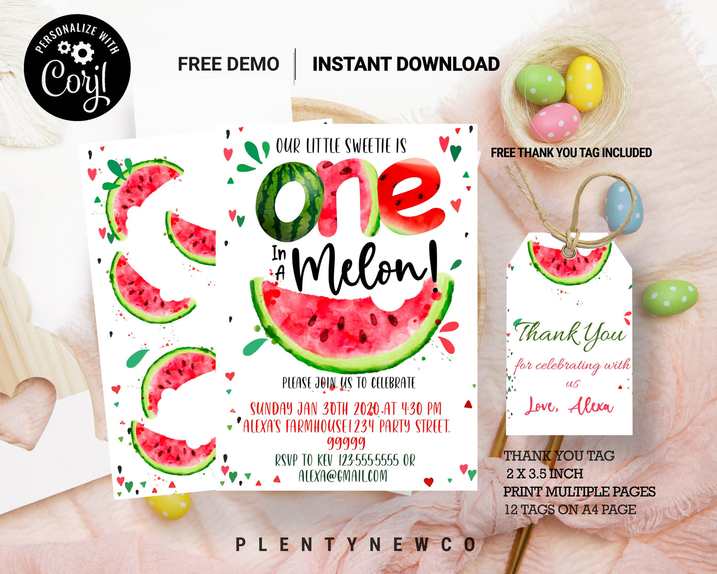 Editable Watermelon Invitation, 1st Birthday Instant download Printable Digital, Birthday Invitations, Pink Watermelon Party, One in a Melon