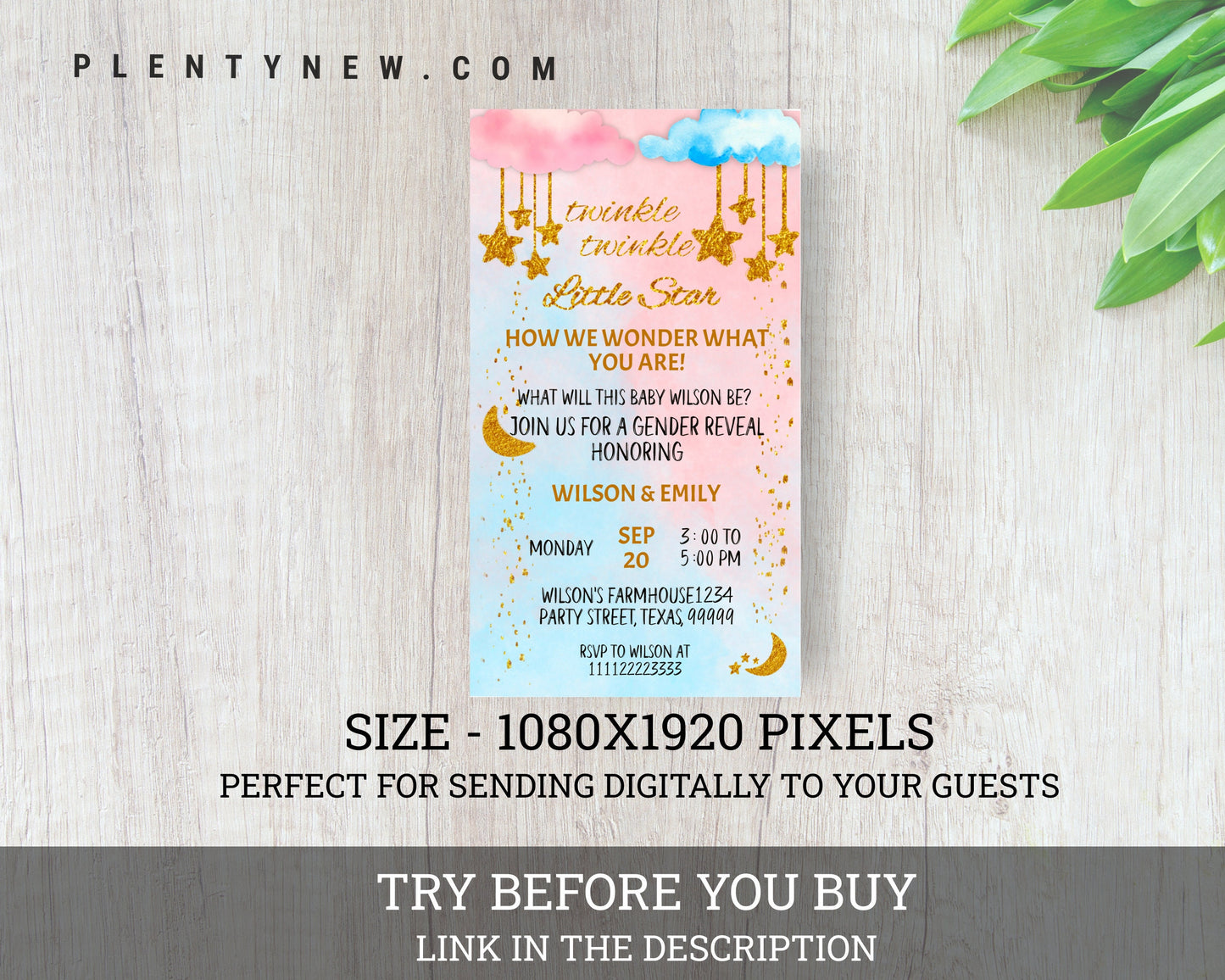 Twinkle Twinkle Little Star Gender Reveal Evite Template, He Or She, Boy Or Girl,  EDITABLE Gold Moon and Stars Party Invite Template, TT