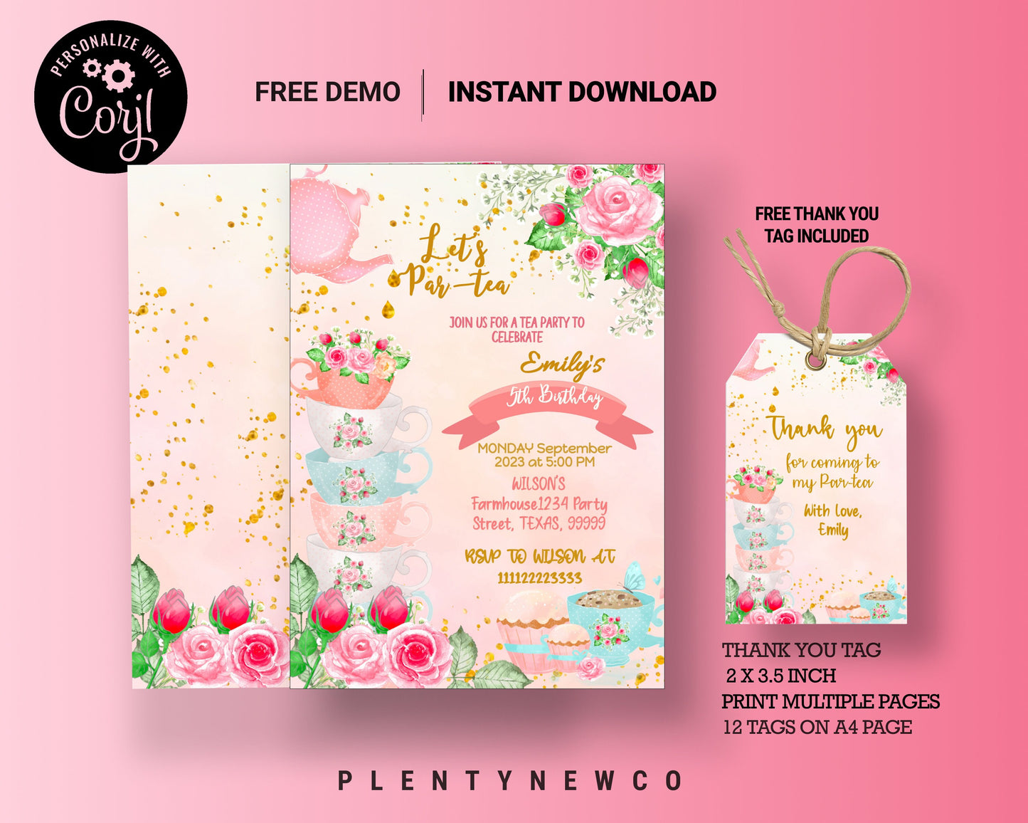 EDITABLE Tea Party Birthday Invitation, Pink and Gold Par-tea Invite Template, High Tea Floral, Instant Download, Whimsical Tea Party,, TL