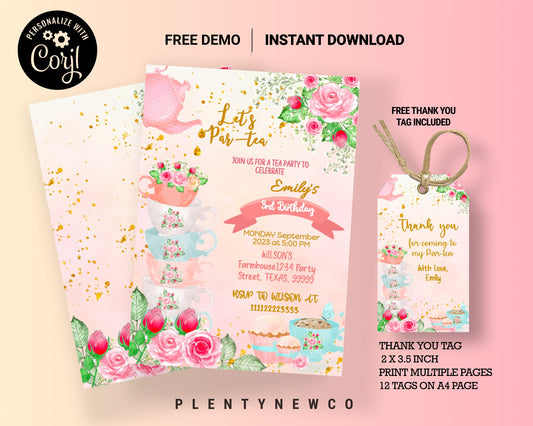 Tea For Two Birthday Invitation, Pink and Gold Par-tea Invite Template, Whimsical Girls Tea Party, High Tea Favor Tag, Instant Download, TL