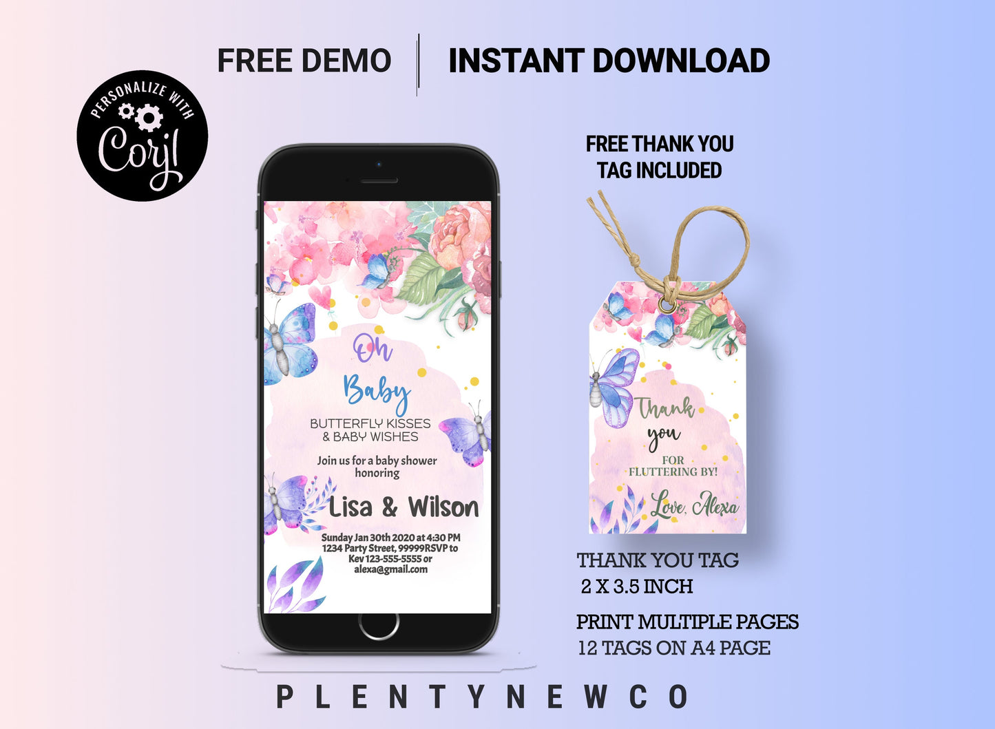 Editable Butterfly Baby Shower Evite Purple Butterfly on The Way Invite Floral Pink Gold Girl Phone Download Digital Template Corjl, BU