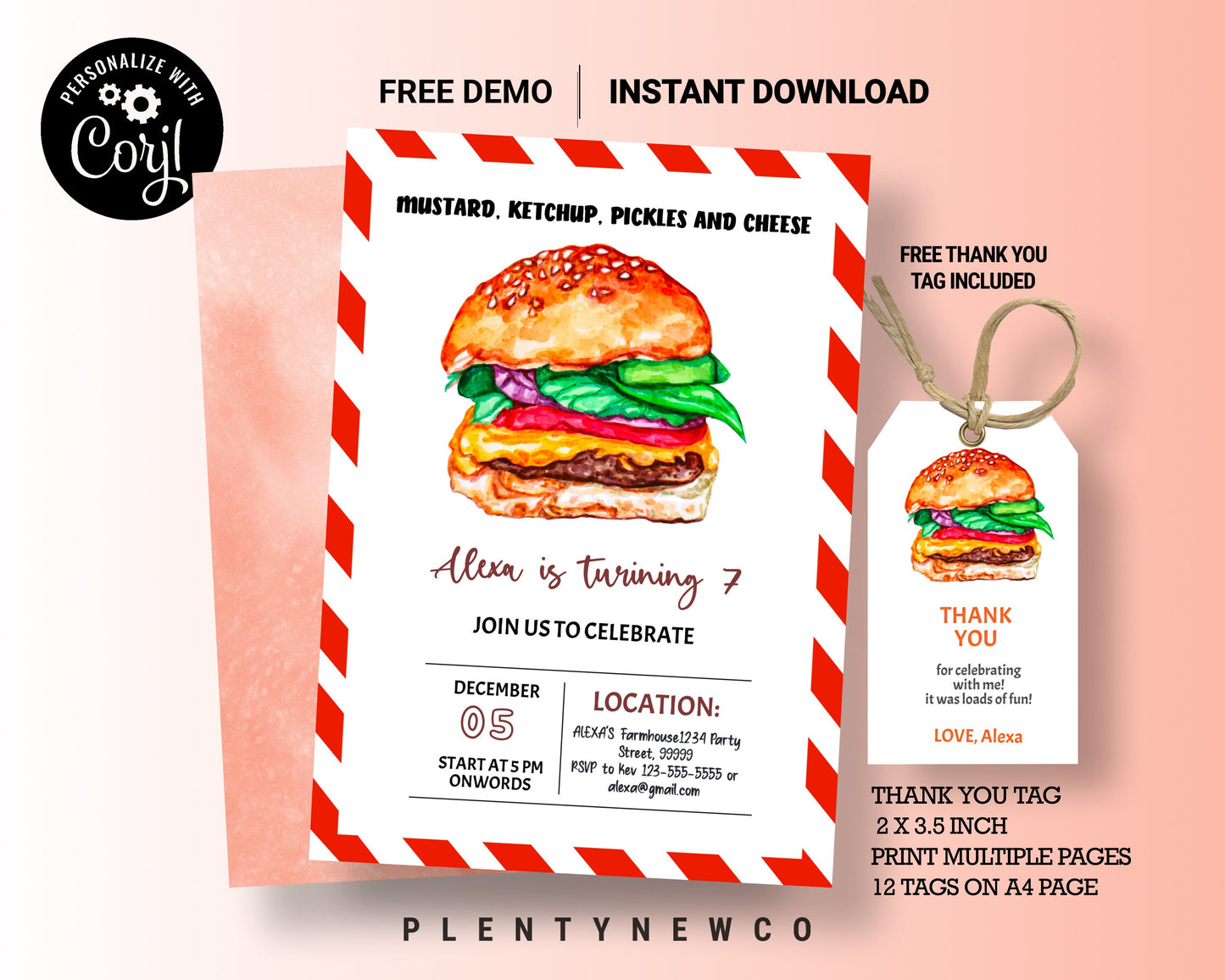 Burger Birthday Invitation, Minimalist Burger Birthday Invite Burger Invitation Burger Thank you tag Editable Invite Burger party invitation