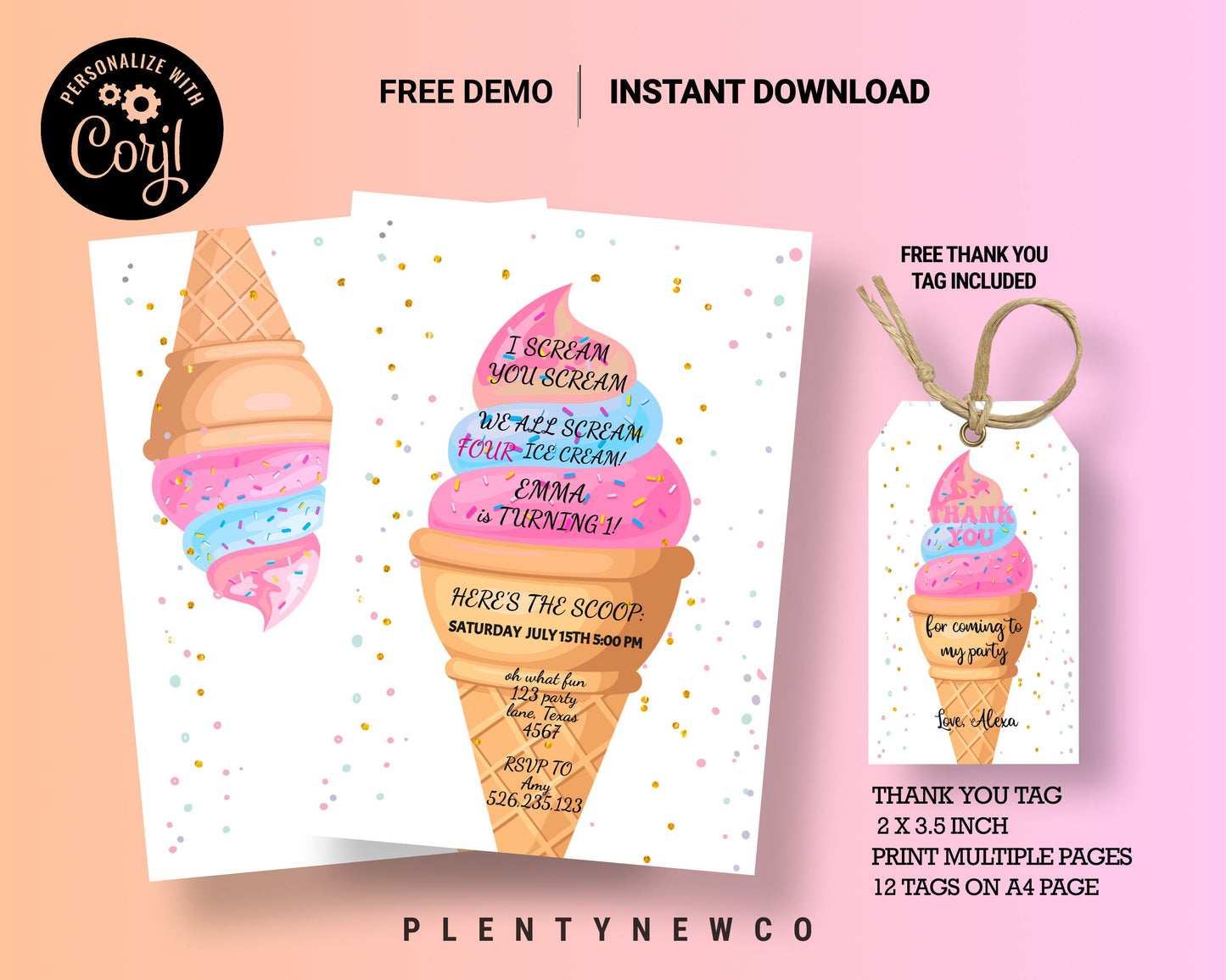 Editable Ice Cream I Scream Birthday Invitation Four Birthday Party 4th Here's the Scoop Cone Pink Mint Gold Purple Corjl Template, LC