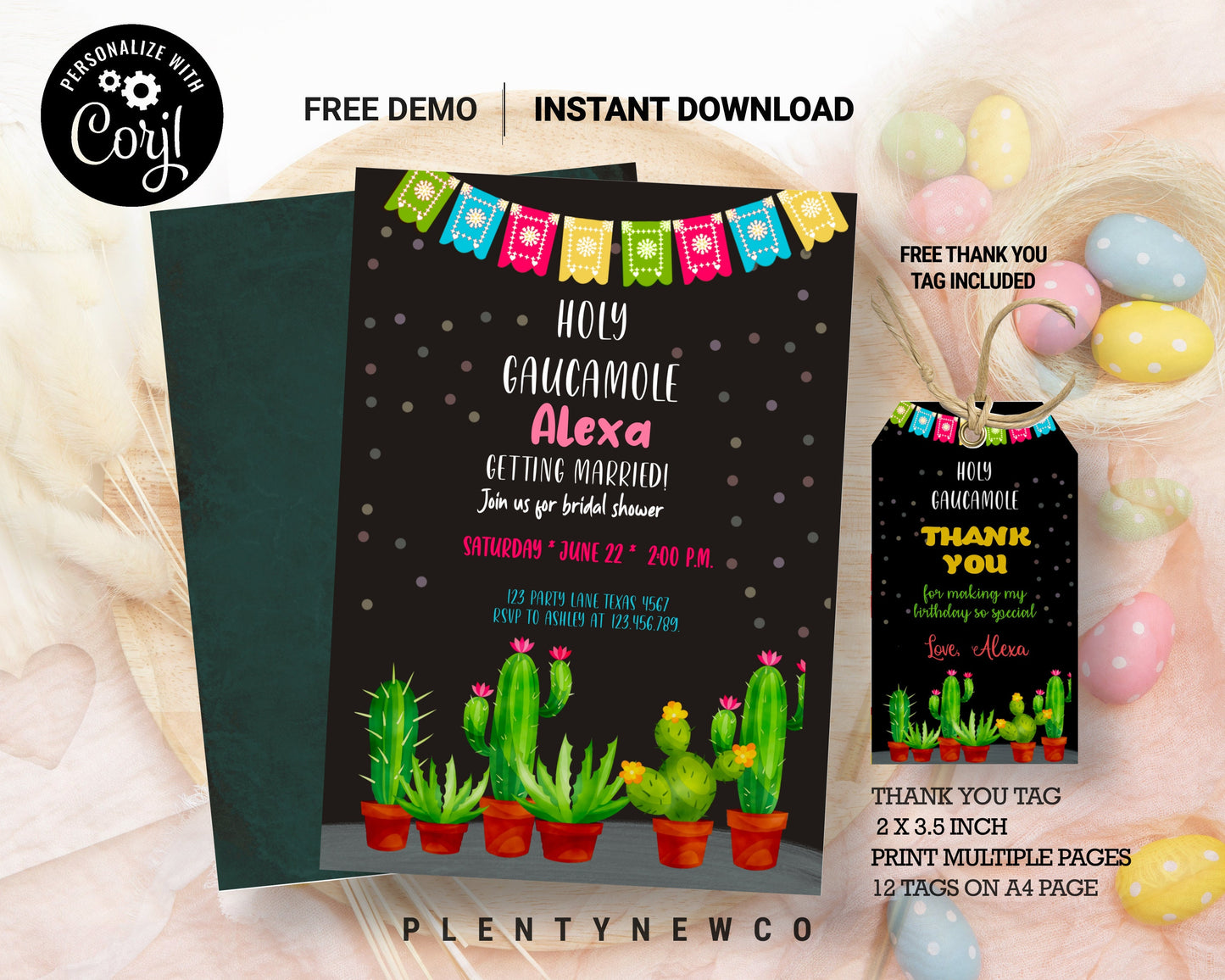 Editable Holy Guacamole Bridal Shower Invitation Fiesta Couples Shower Cactus Succulent Mexican Download Corjl Template Printable Design GM