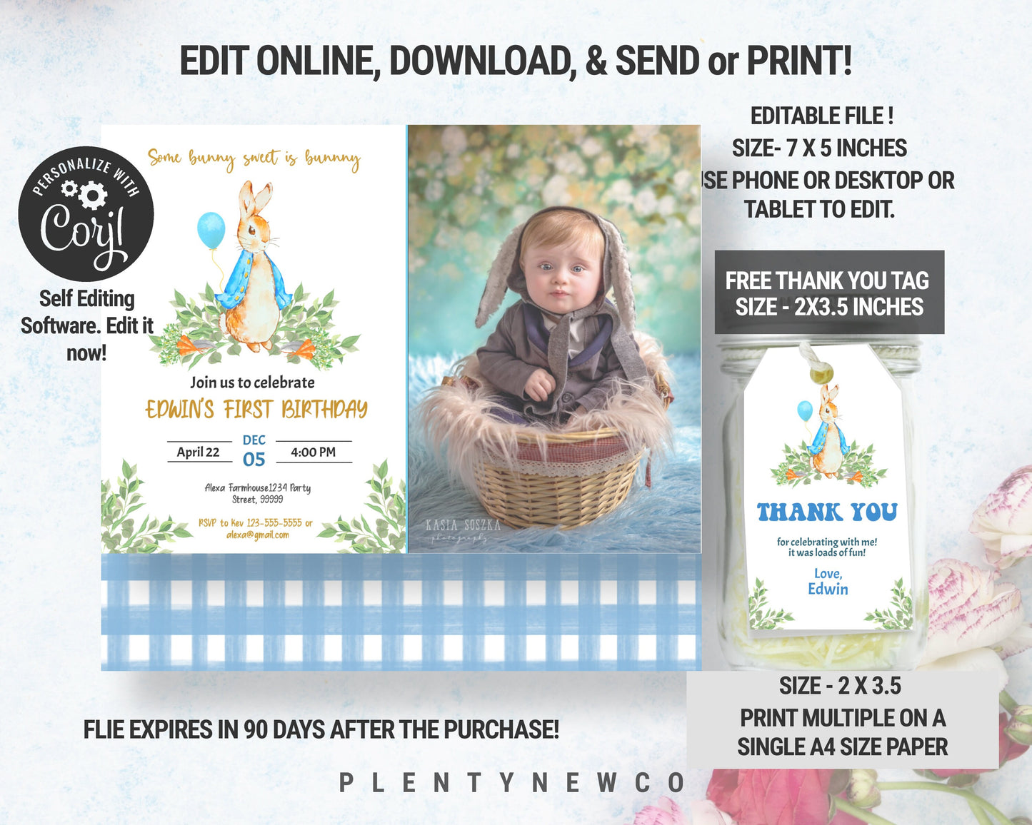 Peter Rabbit First Birthday Invite with Photo, Editable Rustic Bunny Template, Printable 1st Birthday Boy Party Any Age Instant Download, PR