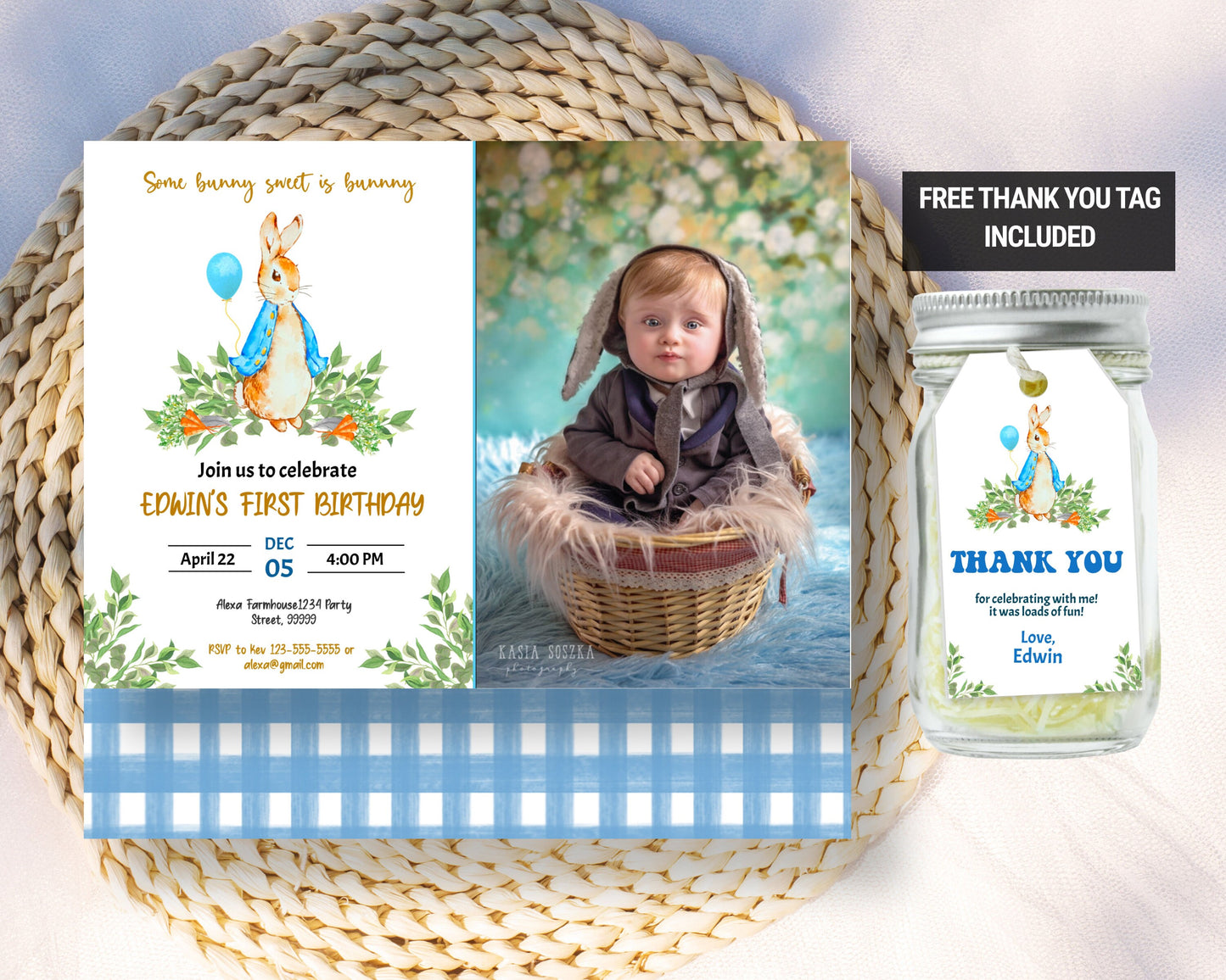 Peter Rabbit First Birthday Invite with Photo, Editable Rustic Bunny Template, Printable 1st Birthday Boy Party Any Age Instant Download, PR