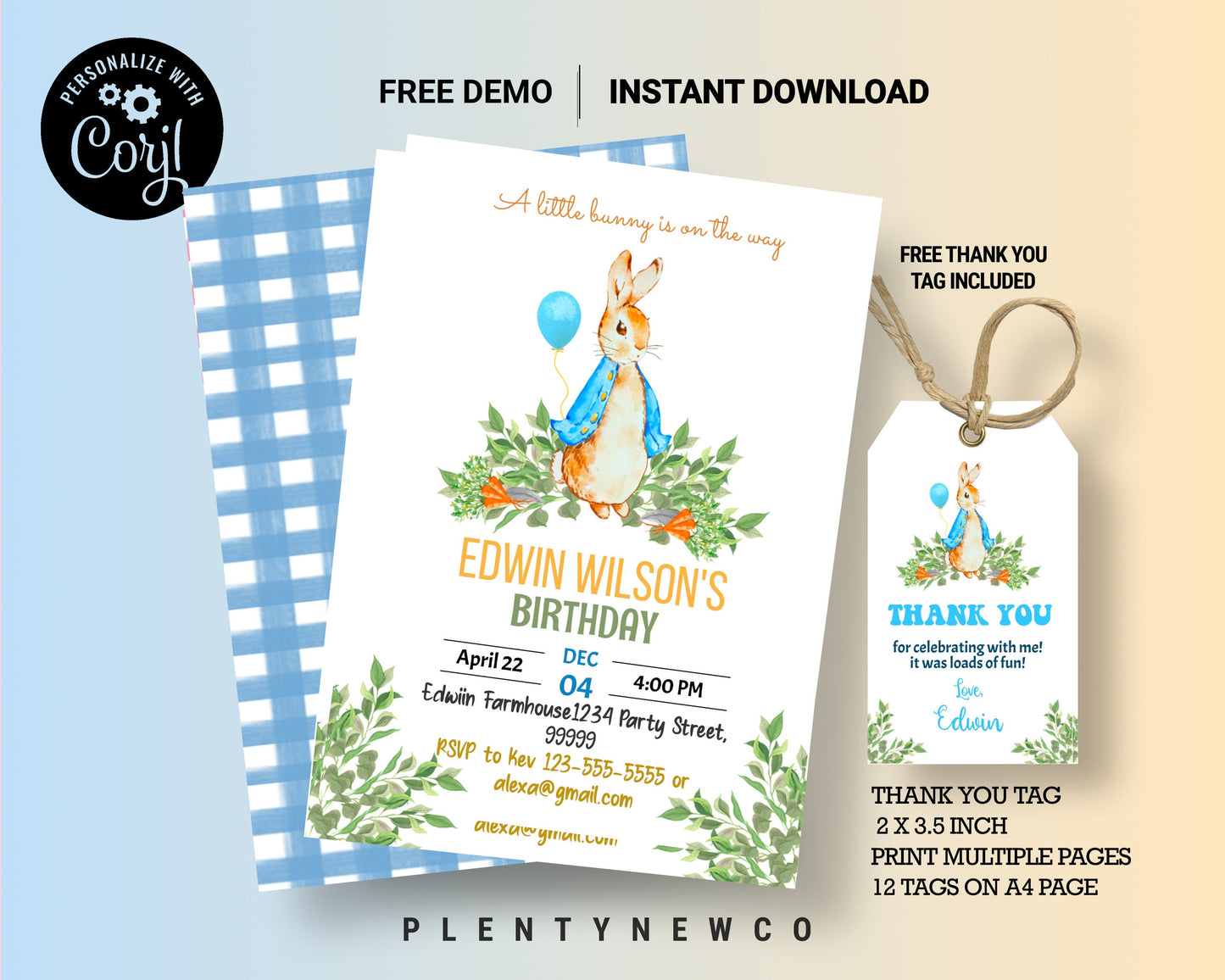 EDITABLE Peter Rabbit Baby Shower Invitation, Rustic Bunny Watercolor Invite, Instant Download,Blue Balloon Boy Party, Spring Garden, PR