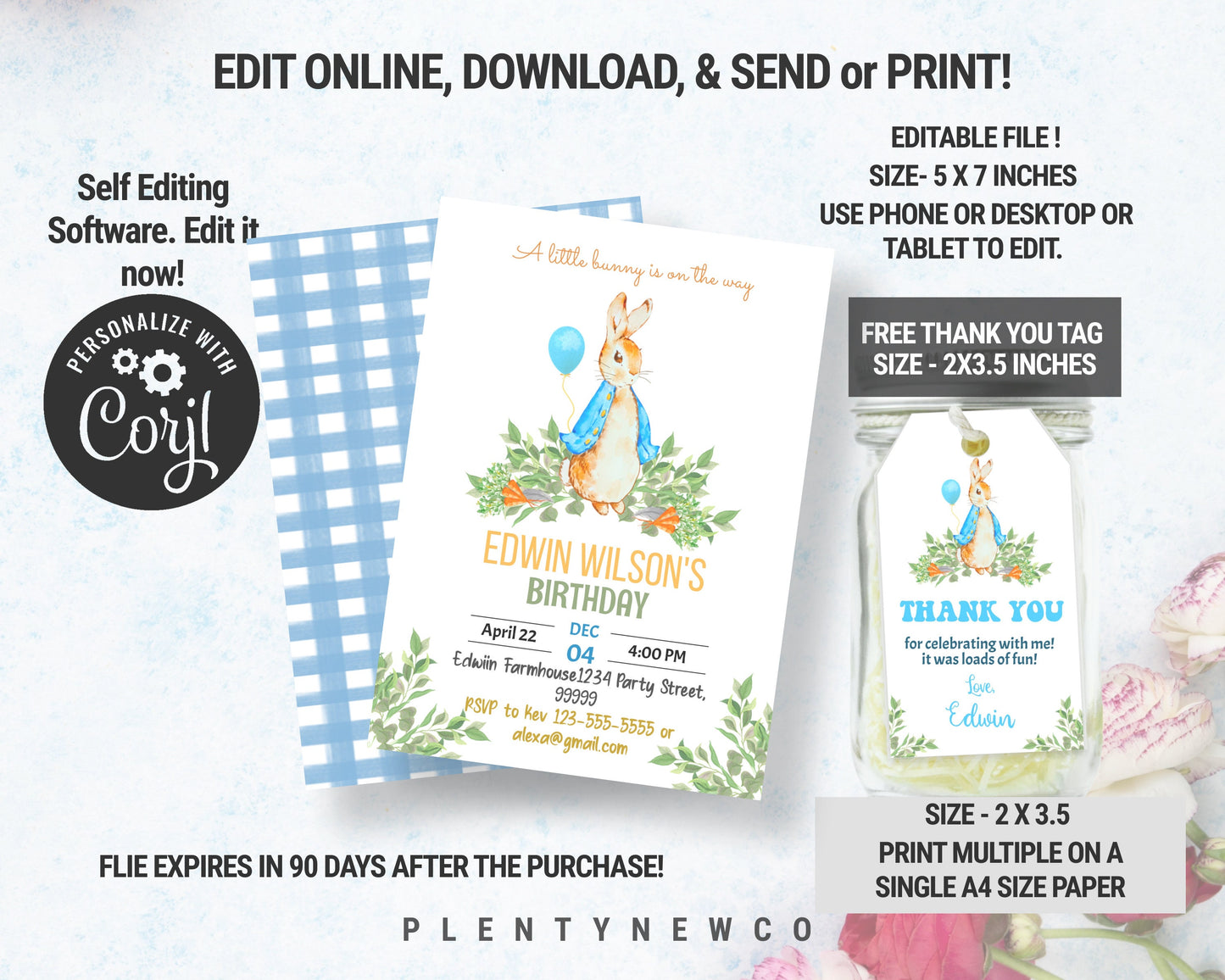 EDITABLE Peter Rabbit Baby Shower Invitation, Rustic Bunny Watercolor Invite, Instant Download,Blue Balloon Boy Party, Spring Garden, PR