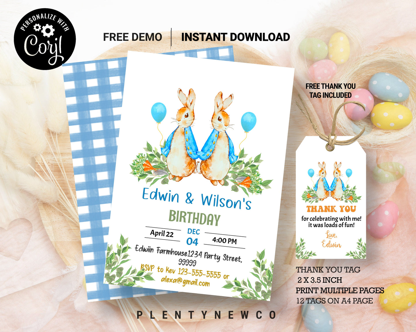 Peter Rabbit Joint Birthday Invitation, Editable Invite Template, Blue Rustic Bunny, 1st Birthday, Combined Party Favor Tag Instant Download