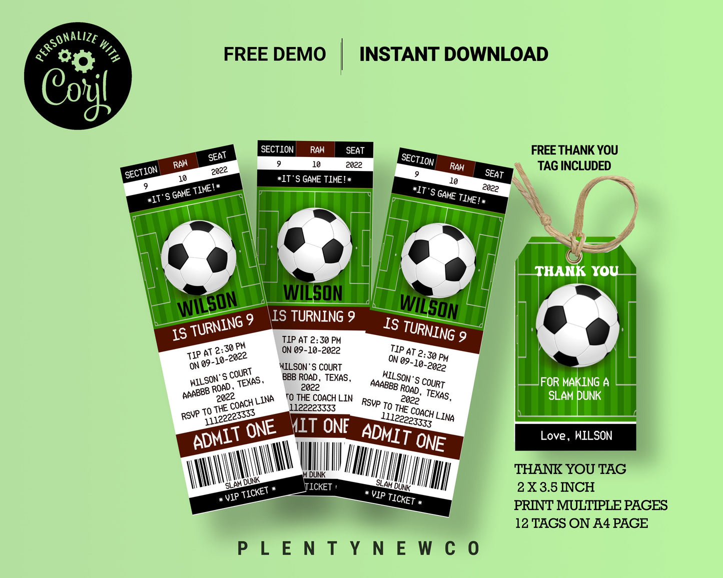 Soccer Ticket Birthday Invitation, Soccer Ticket Invitation, Soccer Invitation Soccer thank you tag Editable Template Soccer Birthday InvitE