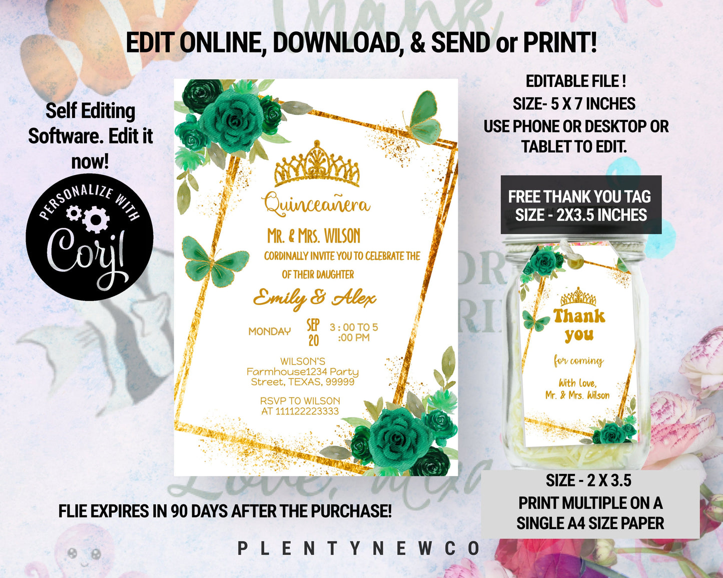 Emerald Green and Gold Quinceañera Invitation, EDITABLE Tiara Party Invite Template, Mis Quince Anos, 15th Birthday, Instant Download, QL