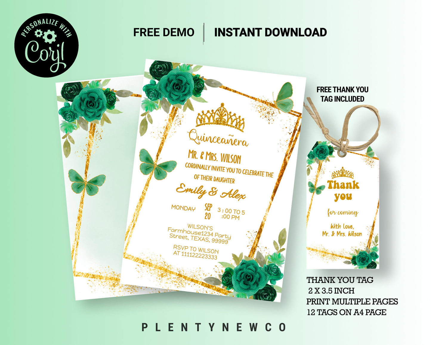 Emerald Green and Gold Quinceañera Invitation, EDITABLE Tiara Party Invite Template, Mis Quince Anos, 15th Birthday, Instant Download, QL