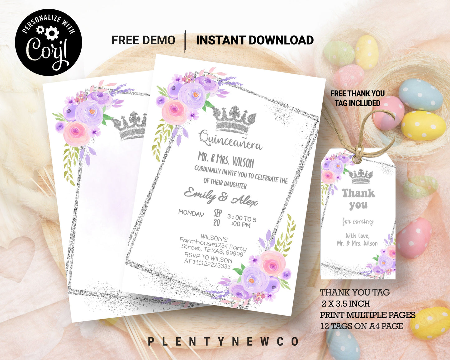 Editable Quinceanera Invitation Template Purple Lilac Silver Floral Mis Quince 15 Anos Invite Butterflies Crown Princess DIY Download, QL