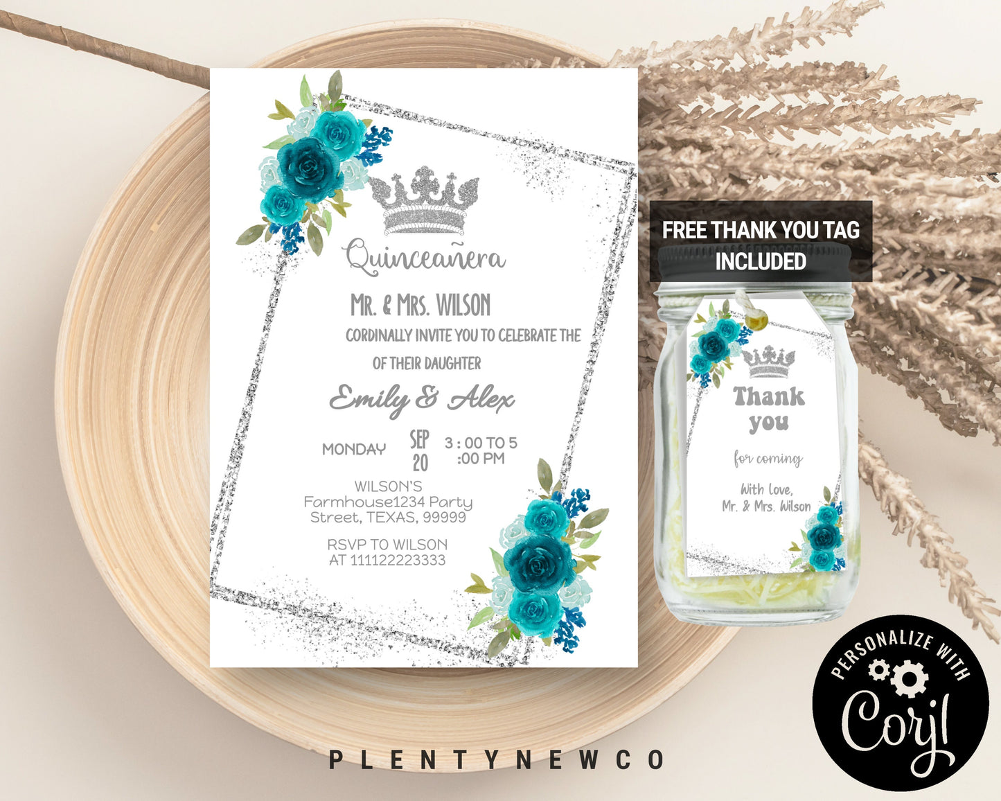 Sky Blue and Silver Quinceañera Invitation, EDITABLE Tiara Rose 15th Birthday Party Invite Template, Mis Quince Anos, Instant Download, QL