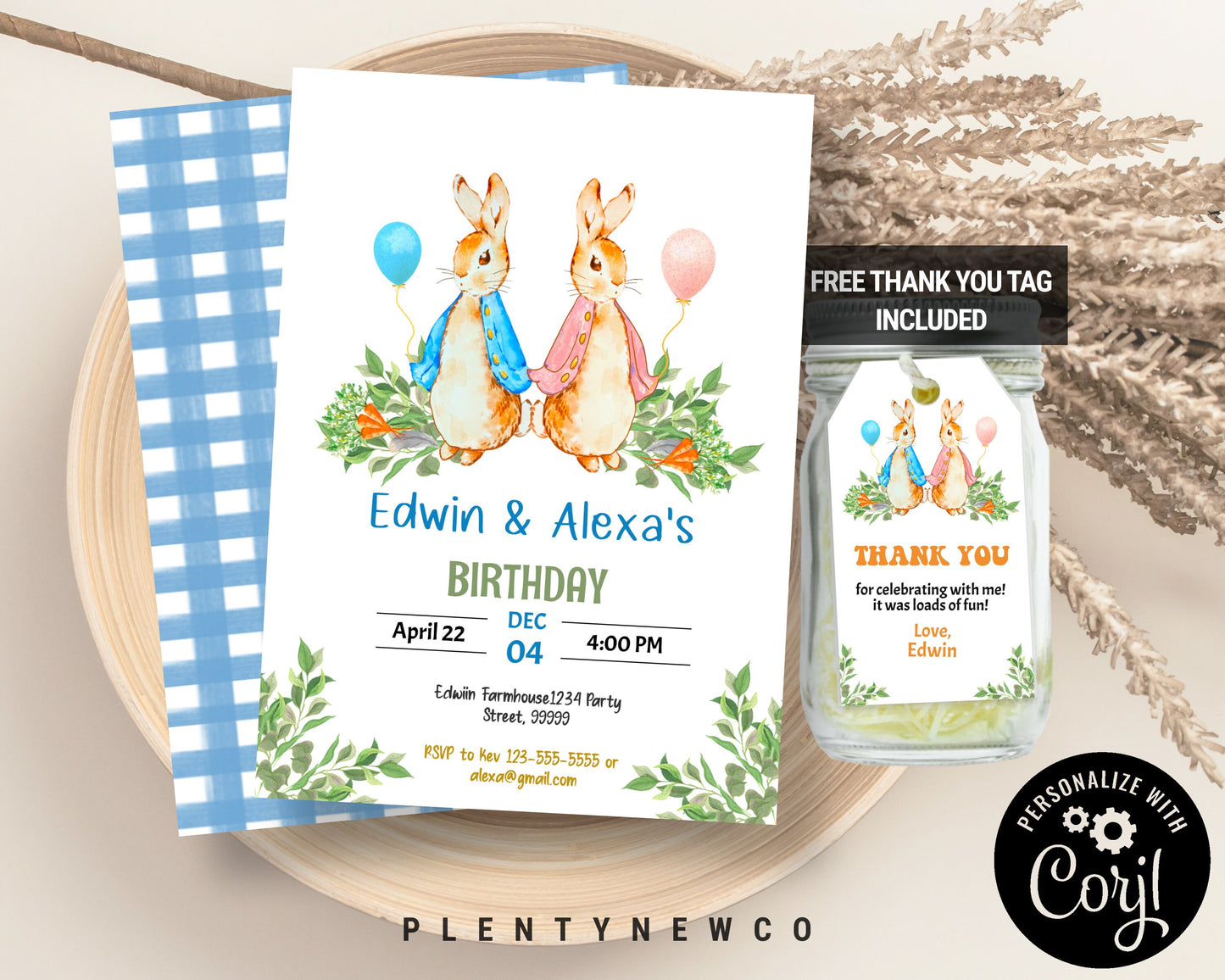 Peter Rabbit Joint Birthday Invitation, Editable Gender Neutral Invite Template, 1st Birthday, Kids Combined Party,Blue & Pink Rustic Bunny