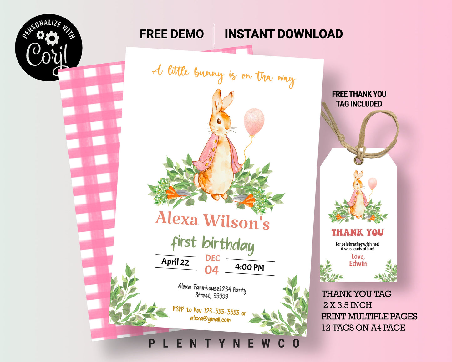 EDITABLE Peter Rabbit Baby Shower Invitation, Rustic Bunny Watercolor Invite, Spring Garden, Pink Balloon Girl Party, Instant Download, PR