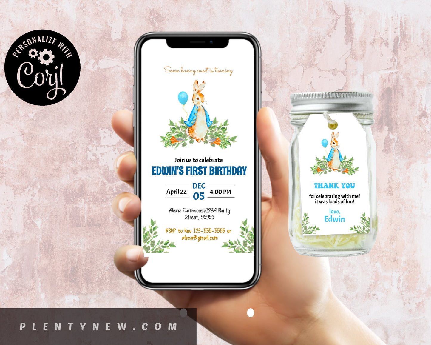 Peter Rabbit Baby Shower Evite, EDITABLE Flopsy Bunny Watercolor Invitation, Instant Download, Rustic, Blue Balloon Boy, Spring Garden, PR