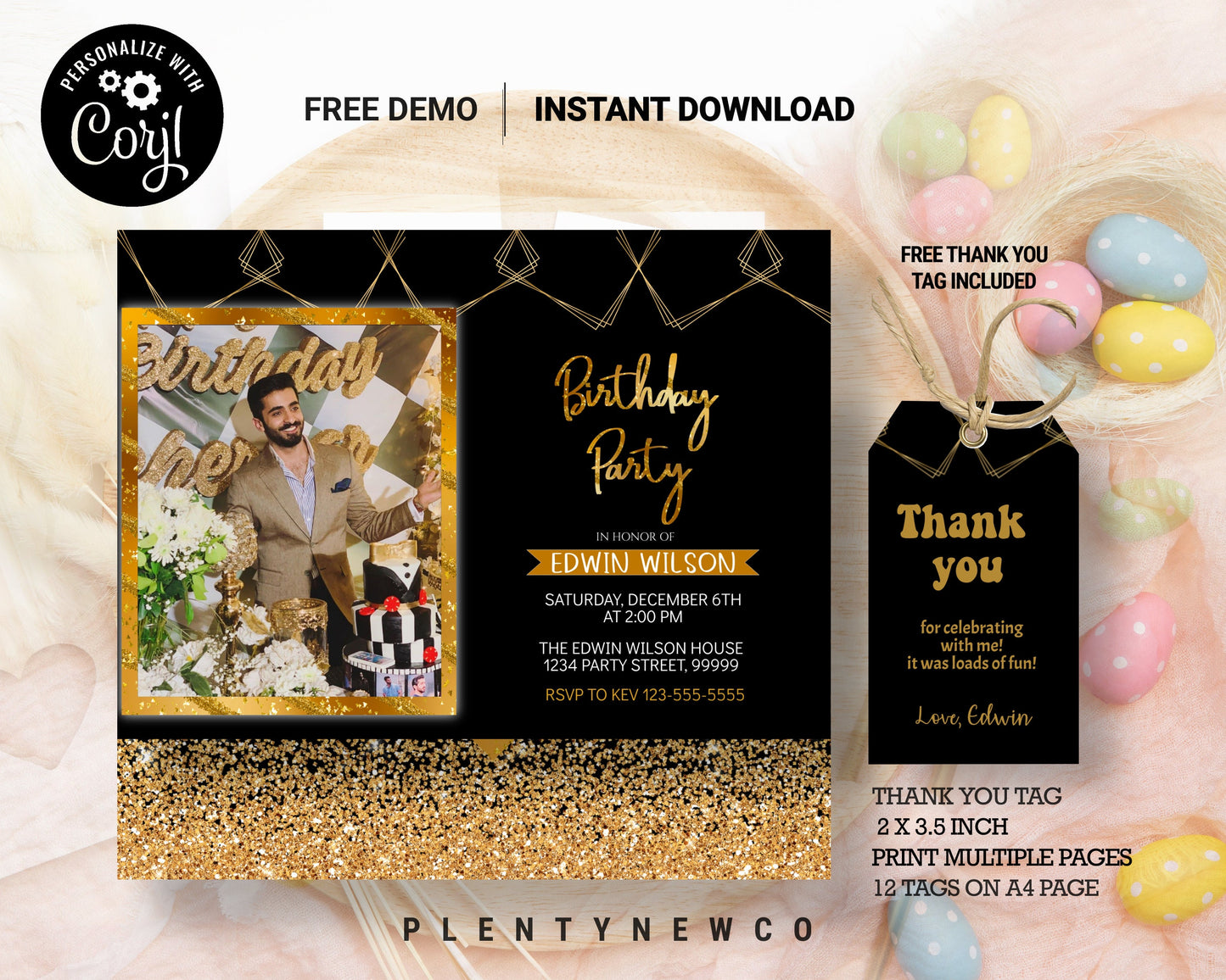 Editable Birthday Party Invitation. Birthday Party Invitation with Photo. Adult Mens Womans. Any Age. Adult Birthday Invite. Black Gold. BT