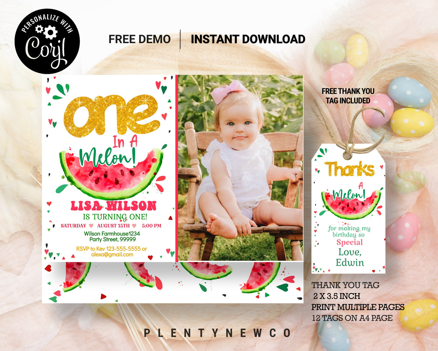 Watermelon Invitation EDITABLE, One in a Melon Birthday Invitations, Pink Watermelon Party 1st Birthday Printable Summer Instant Download WM