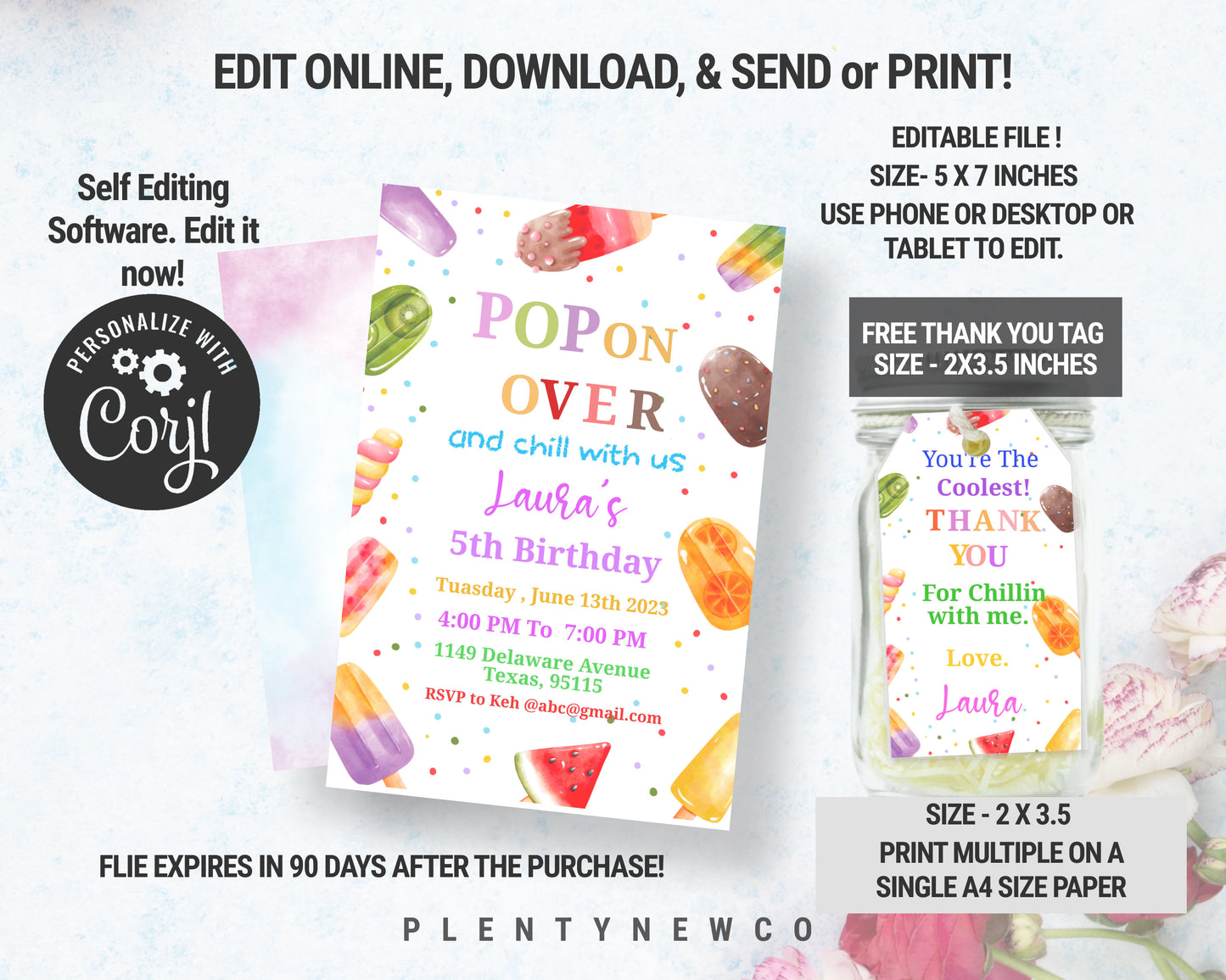 Popsicle Birthday Invitation, Popsicles Birthday Invitation, Summer Birthday Invitation, Popsicle thank you tags, Instant Download, Editable