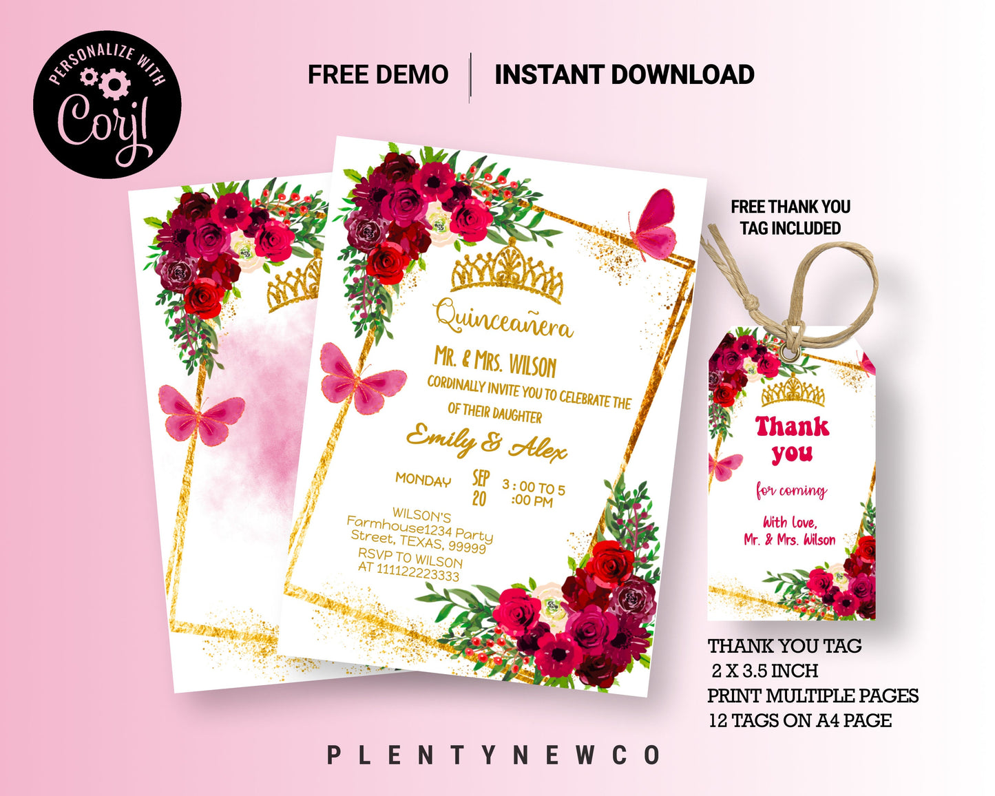 Burgundy Red and Gold Quinceañera Invitation, EDITABLE Tiara Party Invite Template, Mis Quince Anos, 15th Birthday, Instant Download, QL
