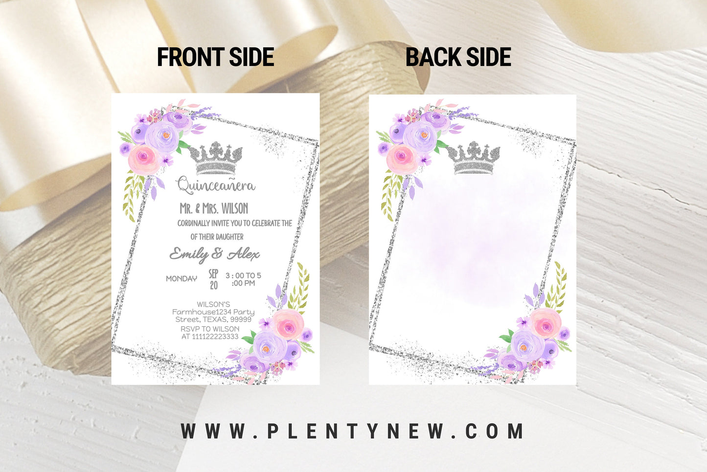 Editable Quinceanera Invitation Template Purple Lilac Silver Floral Mis Quince 15 Anos Invite Butterflies Crown Princess DIY Download, QL