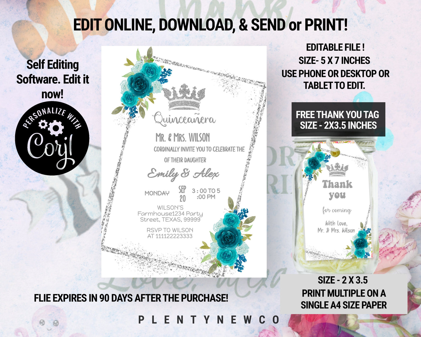 Sky Blue and Silver Quinceañera Invitation, EDITABLE Tiara Rose 15th Birthday Party Invite Template, Mis Quince Anos, Instant Download, QL