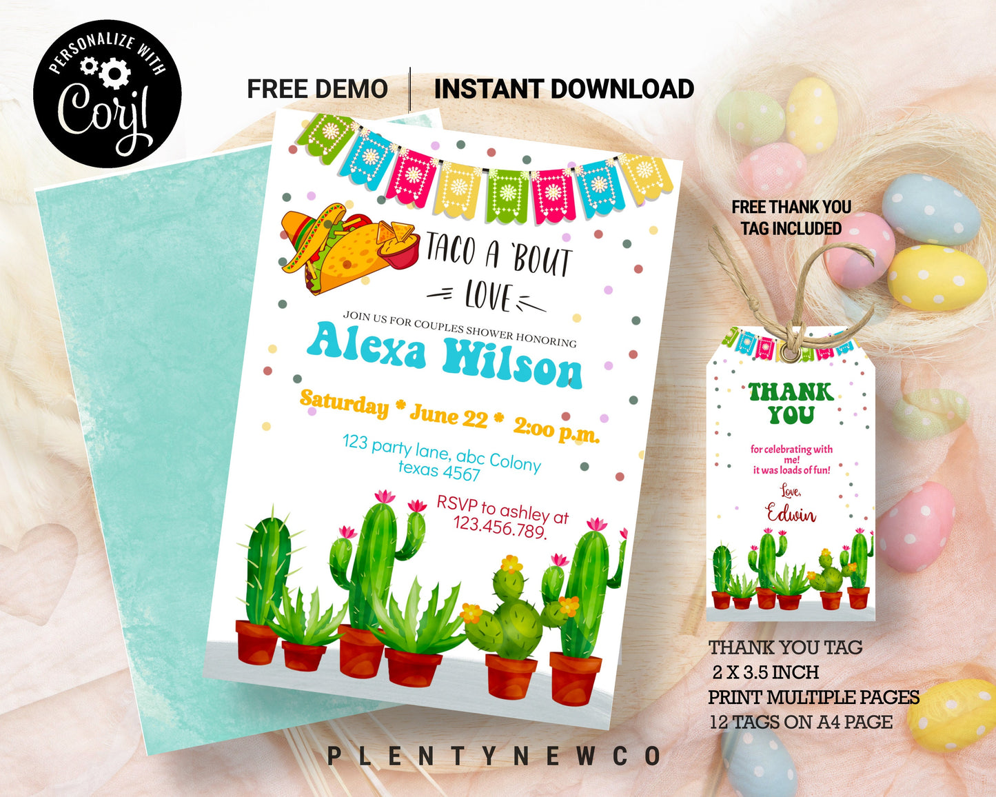Editable Taco Bout a Party Birthday Invitation ANY AGE Fiesta Cactus Succulent 1st First Birthday Mexican Girl Pink Corjl Template, GM