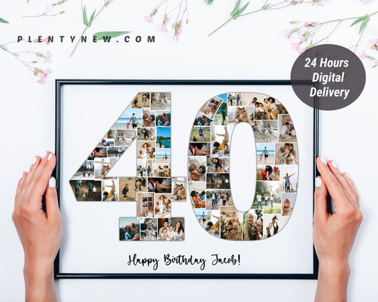 Custom 40th Birthday Photo Collage, Personalized 40th Picture Collage Template, Editable Number Collage Birthday Gift, Forty Digital DIY