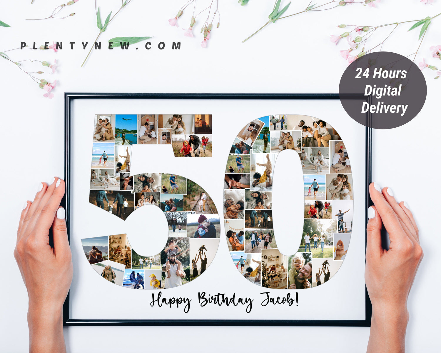 Elegant custom 50th birthday photo collage gift, showcasing cherished life moments and milestones, ideal for a milestone celebration.