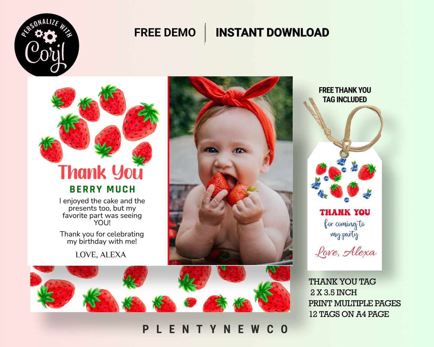 Editable Strawberry Thank You Card Strawberry Birthday First Berry Much Farmers Market Strawberries Download Printable Template Corjl, SB