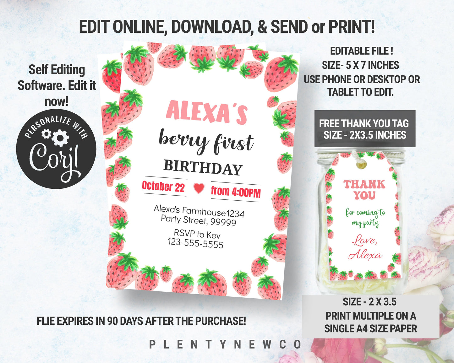 Editable Strawberry Birthday Invitation First Birthday Berry Sweet Girl Cute Strawberries 1st Download Printable Template Corjl Digital, SB