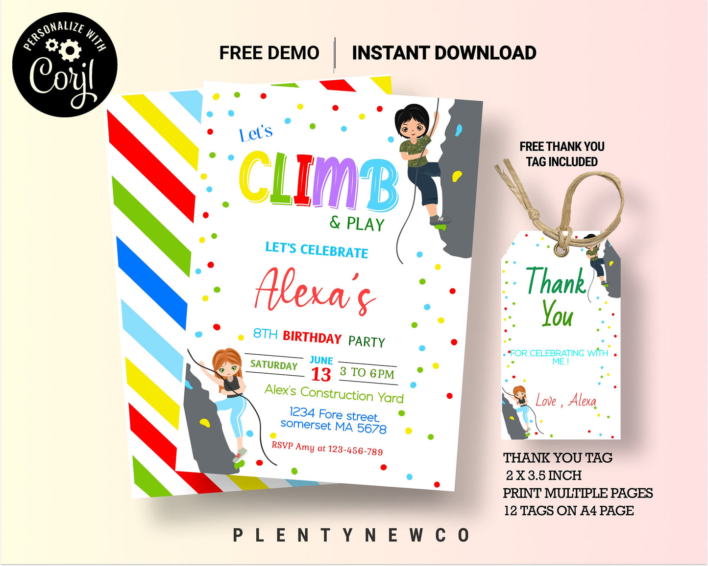 Rock Climbing Birthday Invitation, Editable Indoor Climbing Party Invite, Let's Climb and Play, Boys Adventure Party, Instant Download, PL