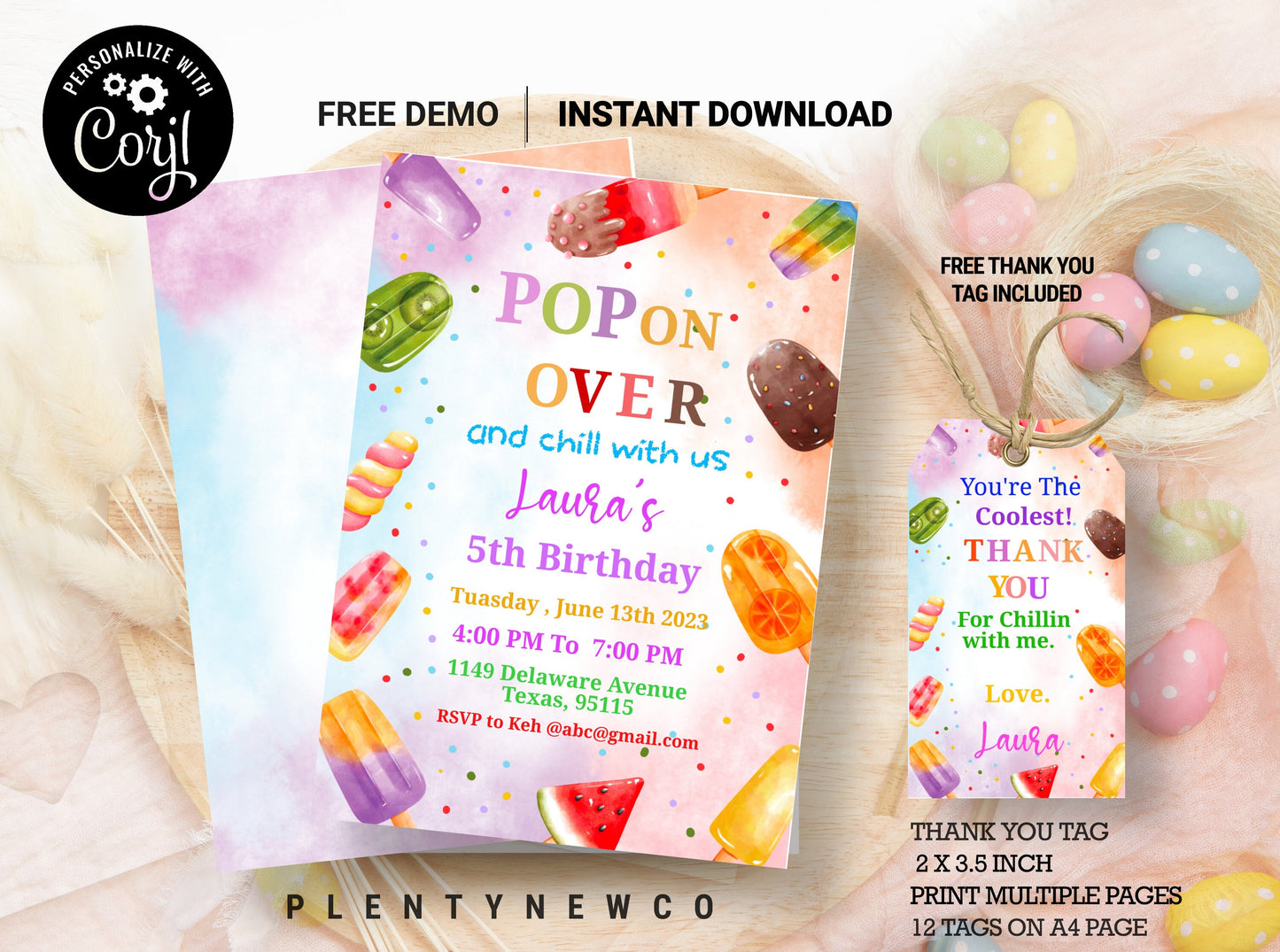 Popsicle Birthday Invitation, Popsicles Birthday Invitation, Summer Birthday Invitation, Popsicle thank you tags, Instant Download, Editable
