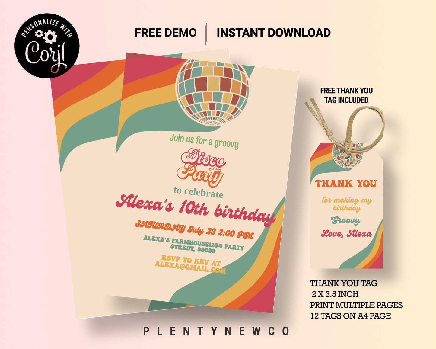 Disco Party Birthday Invitation, Editable Retro Groovy Party Invite, Boho Hippie, Disco Ball, 70s Disco Dance Party, Instant Download, GV