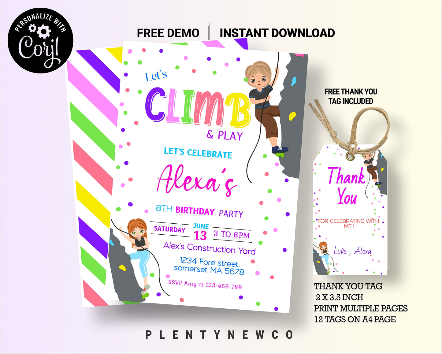 Rock Climbing Birthday Invitation, Editable Indoor Climbing Party Invite, Let's Climb and Play, Girl Adventure Party, Instant Download, PL