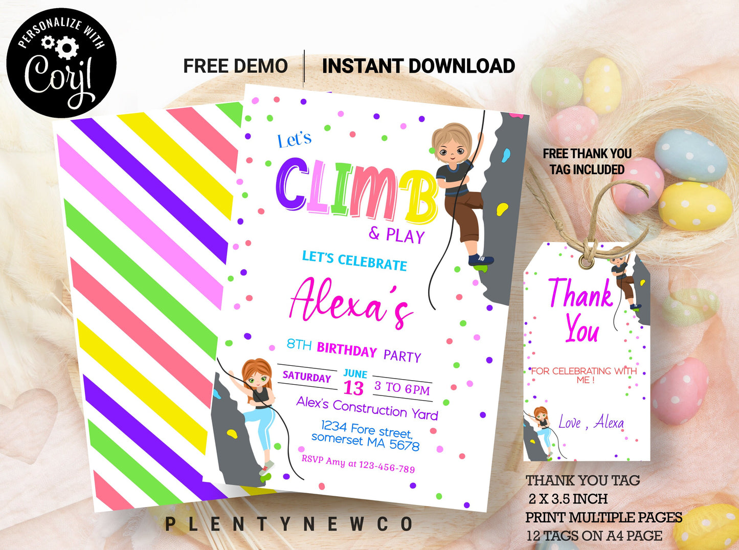 Rock Climbing Birthday Invitation, Editable Indoor Climbing Party Invite, Let's Climb and Play, Girl Adventure Party, Instant Download, PL