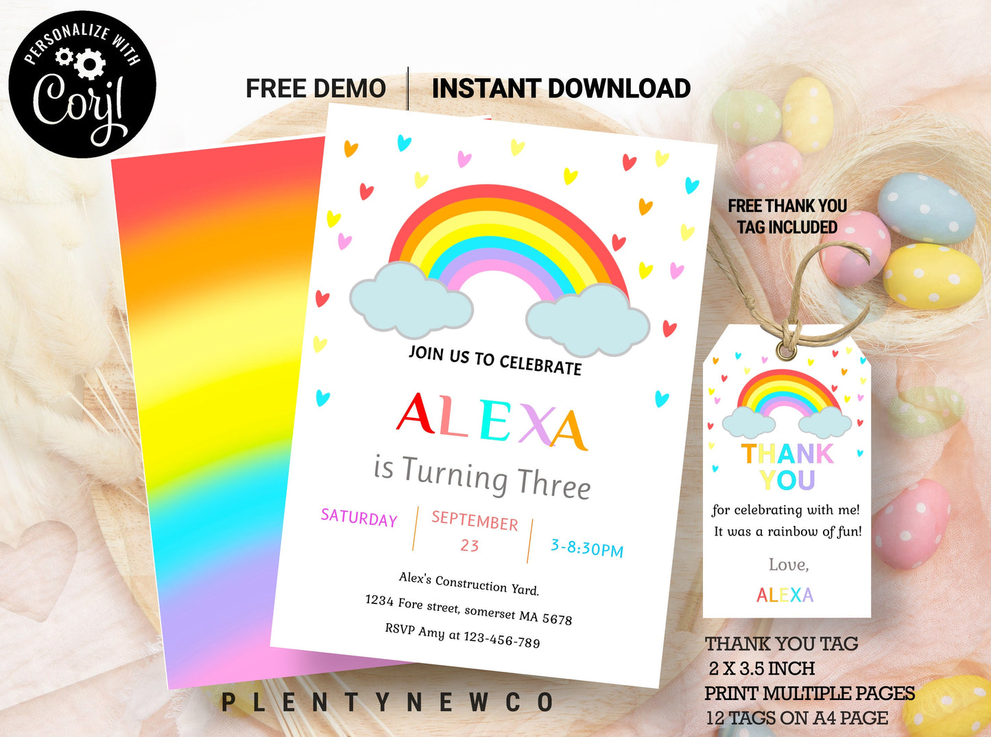 Editable Rainbow Birthday Invitation, Rainbow Invitation, Rainbow Template, Rainbow thank you tag, Digital File, Editable Rainbow Invitation
