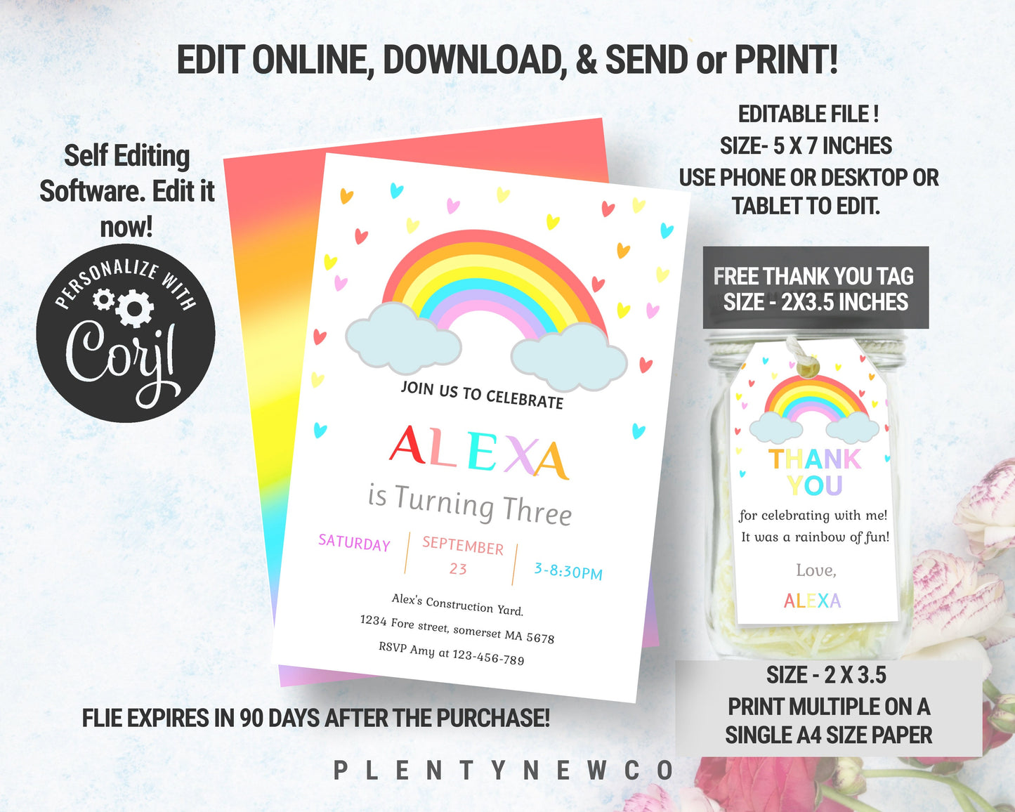 Editable Rainbow Birthday Invitation, Rainbow Invitation, Rainbow Template, Rainbow thank you tag, Digital File, Editable Rainbow Invitation