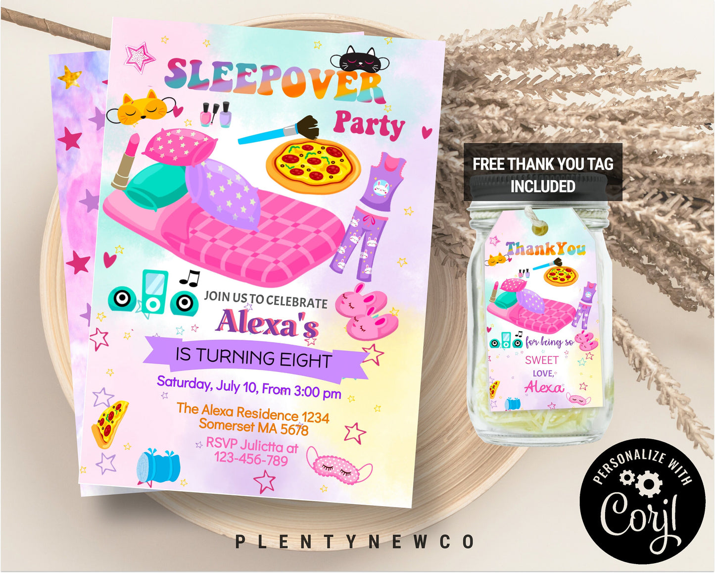 Sleepover Birthday Invitation Slumber Party Teen Invite Girl Pajama Party Glamping Movie Night Black Pink Printable Editable download, SL8