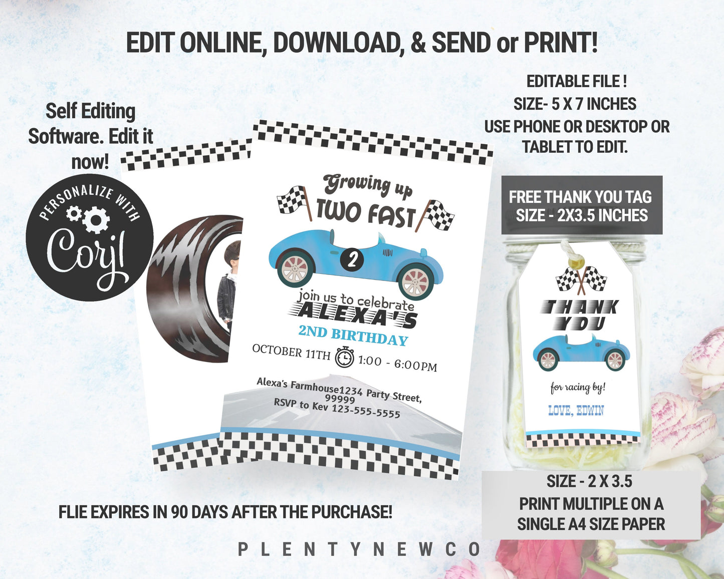Editable Racing Favor Tags Race Car Birthday Thank you Label Two Fast 2 Curious Gift tags Blue Race Cars 2nd Template Corjl PRINTABLE, CT