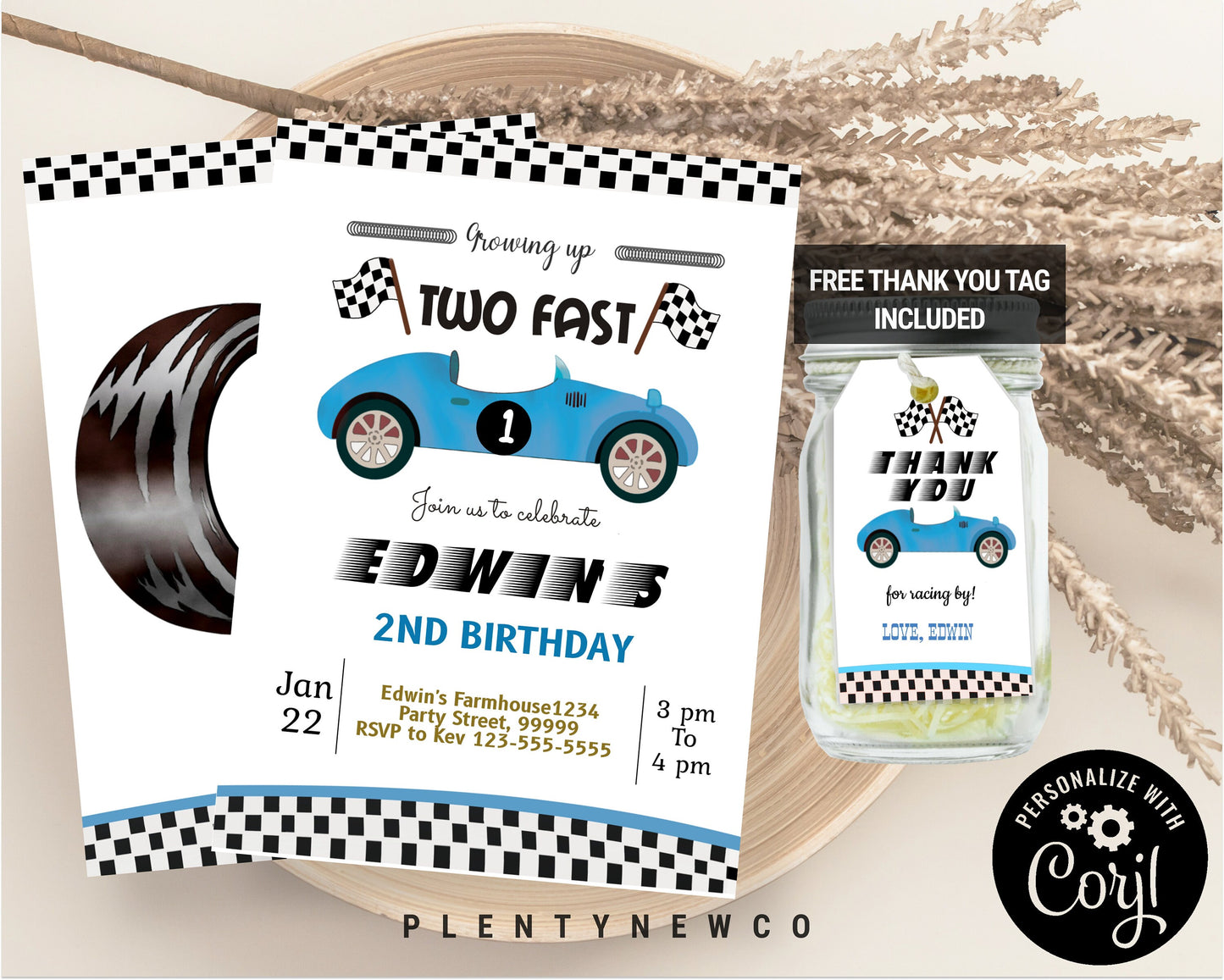 Editable Racing Car Birthday Invitation Growing Up Two Fast Invite Second Birthday 2nd Boy Download Printable Template Digital Corjl CT