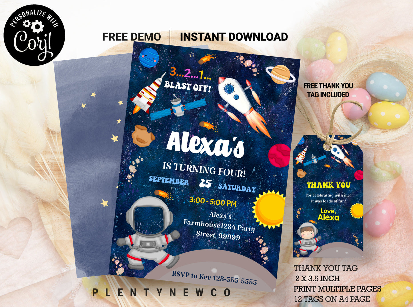 Outer Space Birthday Invitation Template, Planets Rocket Ship Astronaut Invite, Galaxy Blast Off Invitation, Editable Invitation Download
