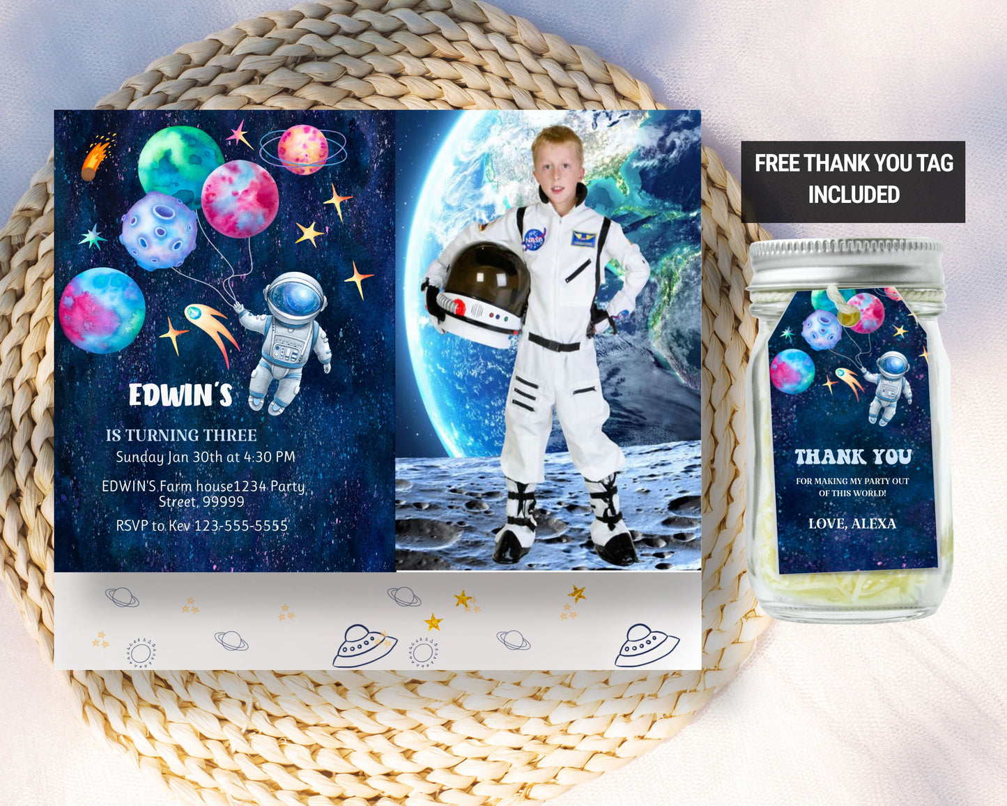 Outer Space Birthday Invitation Template with Photo, Planets Rocket Ship Astronaut Invite Galaxy Blast Off Invitation Editable Invitation SP