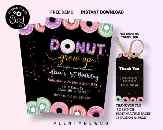 Editable Donut Grow Up Birthday Invitation, First Birthday Party Pink Girl Doughnut, Donut 1st Birthday Party Invitation  Girl Theme PFA