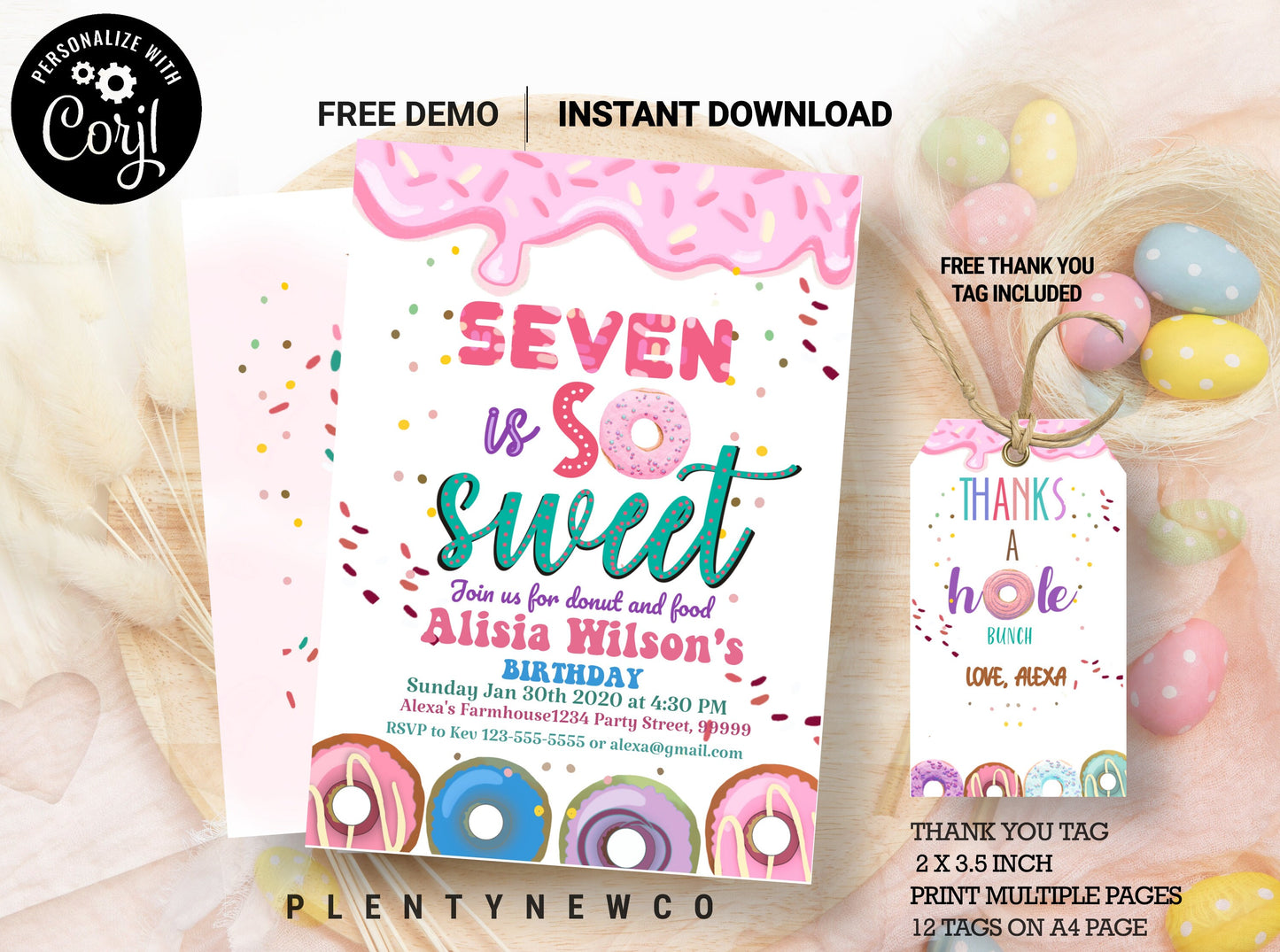 Editable Donut Seven Is Sweet Birthday Invitation Girl Donut 7th Birthday Party Pink Donut Birthday Party Instant Download Editable Corjl PF