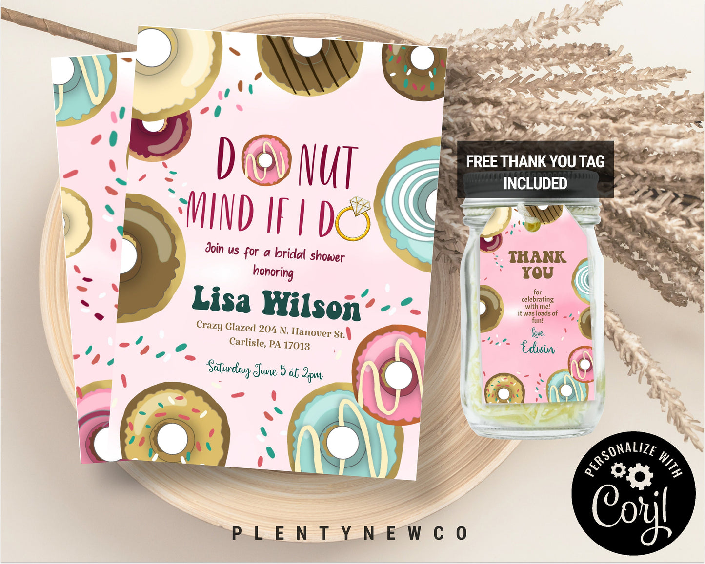 Editable Donut Mind If I Do Bridal Shower Invitation Sweet Pink Teal Ring Doughnut Donut and Diamonds Coed Joined Shower Corjl Template