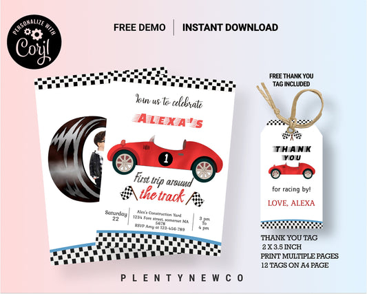 Editable Race Car 1st Birthday Invitation First Trip Around The Track Boy Vintage Red Race Car 1st Birthday Party Instant Download Corjl, CT