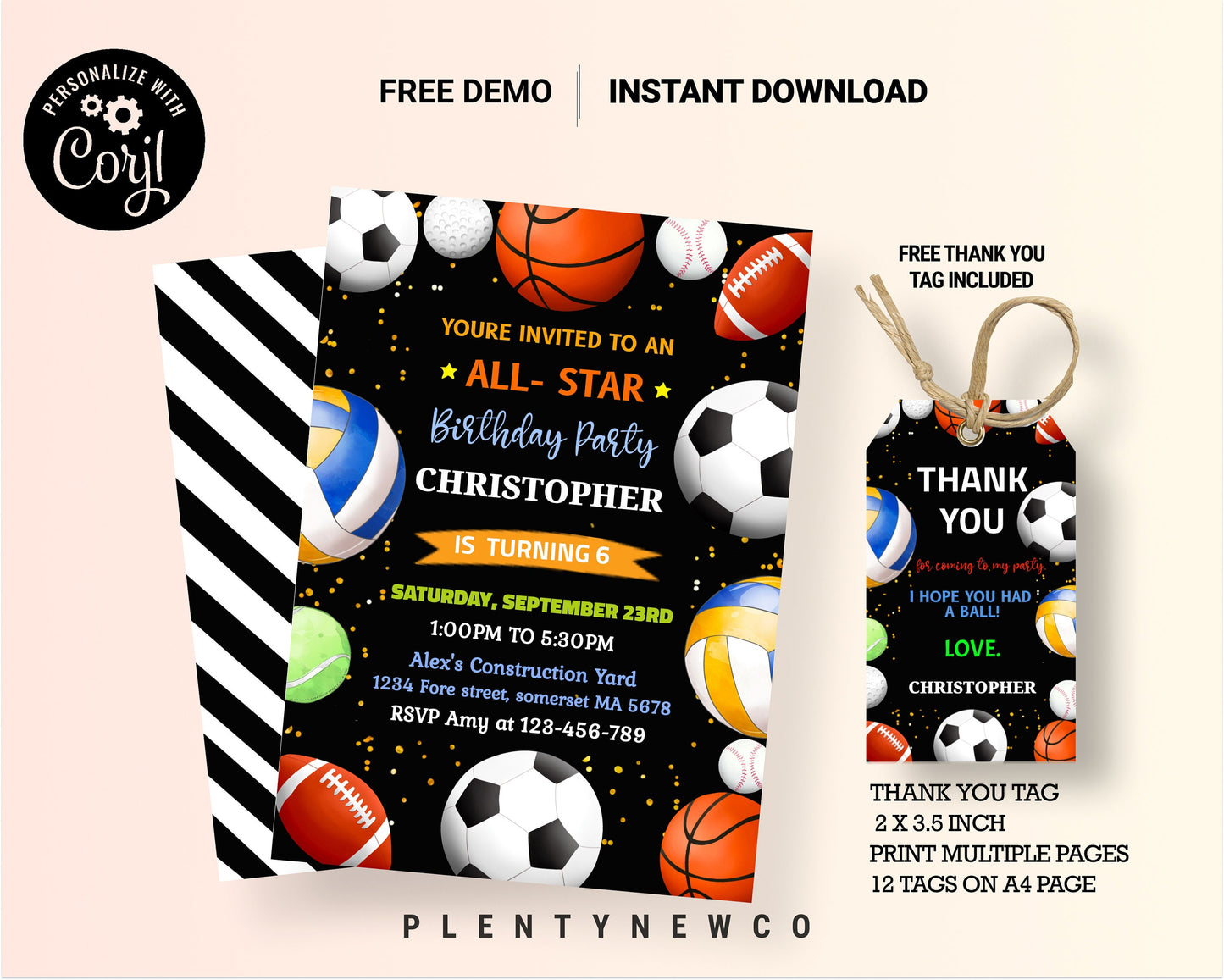 Sports Birthday Invitation, Sports Invitation, Sports Ball Birthday Invitation, Instant Download Editable Invitation, Birthday invite design